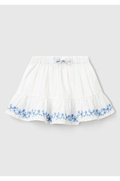 United Colors of Benetton Girls' White Striped Hem Embroidered Gathered Drawstring Skirt