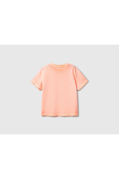 United Colors of Benetton Boy's Orange Faded Effect Logo Embroidered Oversize T-Shirt