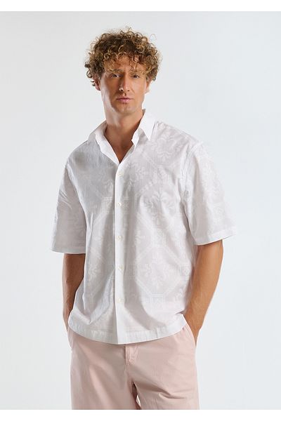 United Colors of Benetton Men's White 100% Cotton Short Sleeve Patterned Shirt