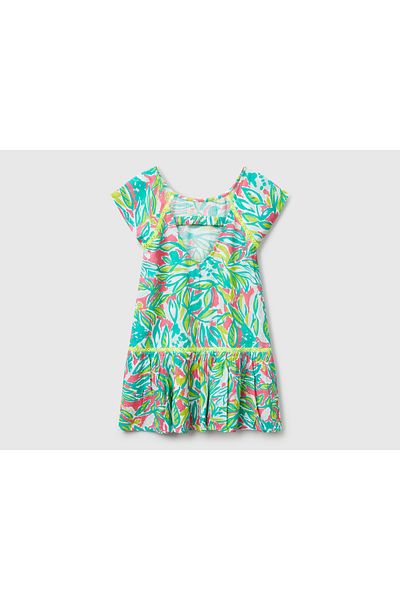 United Colors of Benetton Girl's Green 100% Viscose Patterned Loose Cut Dress with Tape Detail on the Back