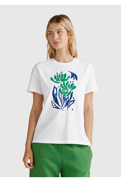 United Colors of Benetton Γυναικείο μπλουζάκι λευκό-μπλε 100% βαμβάκι κανονική εφαρμογή με φλοράλ εμπριμέ