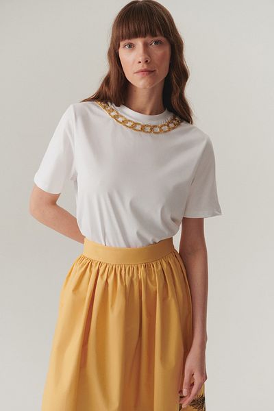 Exquise Tricou tricotat din bumbac obișnuit cu decolteu cu broderie aurie