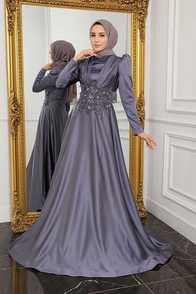 Neva Style Βραδινό φόρεμα με χάντρες Indigo Blue Satin Hijab 22640ım
