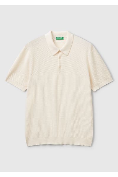 United Colors of Benetton Ανδρική κρέμα 100% Koton Regular Fit Πλεκτό πουλόβερ με γιακά πόλο