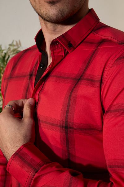 jack carisma ΚΟΚΚΙΝΟ ΚΑΡΟ ΒΑΜΒΑΚΙ Lycra SLIM FIT ΠΟΥΚΑΜΙΣΟ