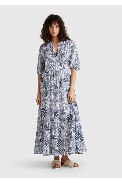 United Colors of Benetton Women's Blue Mix 100% Cotton Patterned V-Neck Short Sleeve Long Muslin Dress
