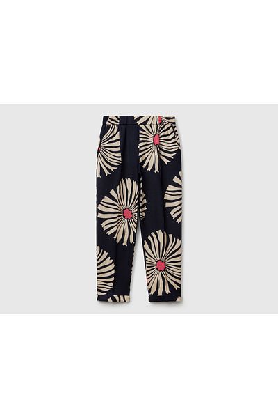 United Colors of Benetton Women's Navy Blue 100% Linen Patterned Elastic Waist Trousers