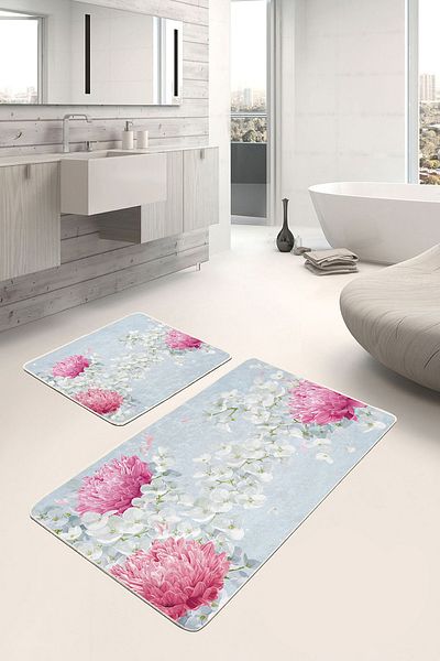 Realhomes Pink Hydrangea and White Flower Patterned 2-Piece Non-Slip Base Washable Bath Mat Set