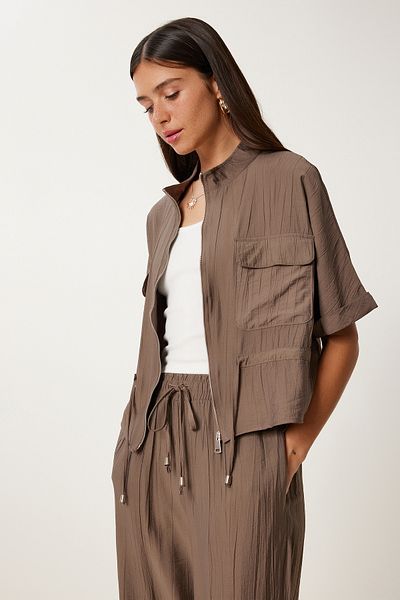 Lovelyİstanbul Crinkle Effect Jacket Pants Suit Mink Ldp0053