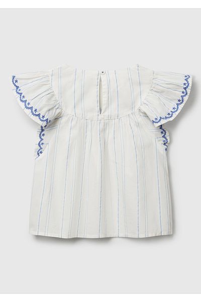 United Colors of Benetton Cămașă albă cu mânecă scurtă, evazată, cu mâneci cu dungi și broderie în față pentru fete