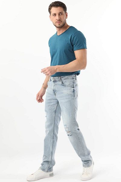 BANNY JEANS Мъжки дънки с разкъсани коляното, светло сини