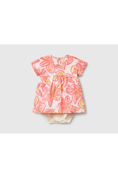 United Colors of Benetton Baby Yavruağzı Fully Patterned Kimono Dress with Inner Sleeve Bodysuit