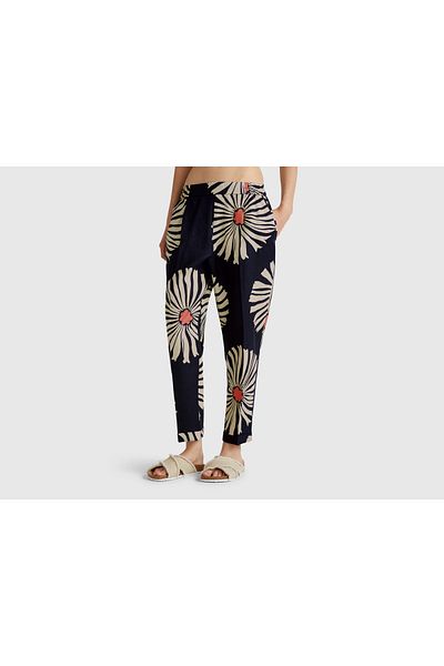 United Colors of Benetton Women's Navy Blue 100% Linen Patterned Elastic Waist Trousers