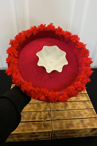 ZEYMERADE Kırmızı Gelin Kına Gecesi Tepsisi, Düğün, Sünnet, Kadife Üç Boyutlu...