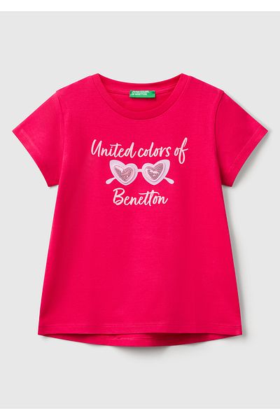 United Colors of Benetton Girl's Fuchsia Glitter Benetton Logo Printed T-Shirt