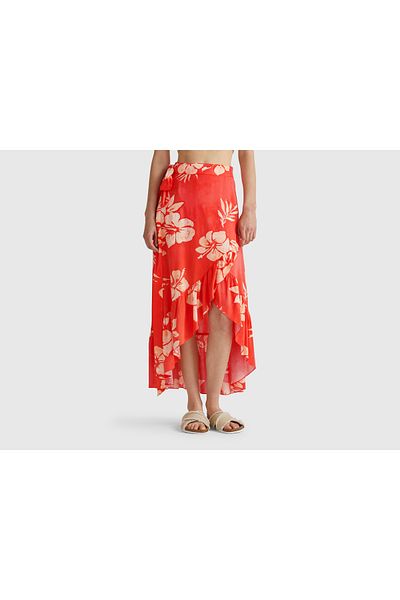 United Colors of Benetton Fusta midi cu model portocaliu pentru femei, cu logo imprimat, cu fante laterale și talie elastică