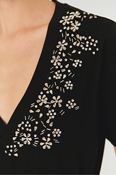 Exquise Μαύρο βαμβακερό κανονικό πλεκτό μπλουζάκι με λεπτομέρεια επεξεργασίας