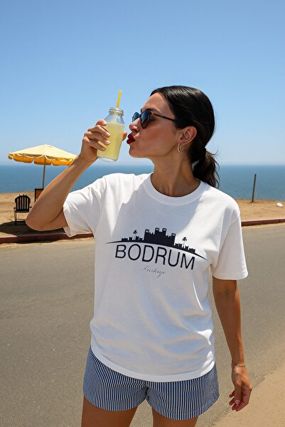 MARKAPIA WOMAN Women's 100% Cotton Bodrum Printed Short Sleeve White T-Shirt