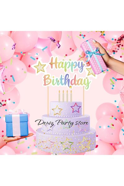 Deniz Party Store Happy Birthday Macaron Colorful Decoration Stick Cake