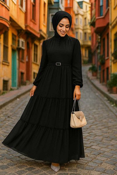 Neva Style Folded Pleated Black Hijab Dress 57250S