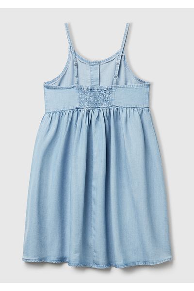 United Colors of Benetton Rochie pentru fete din denim 100% Liyosel, cu elastic la spate, cu nasturi în față, cu bretele plisate