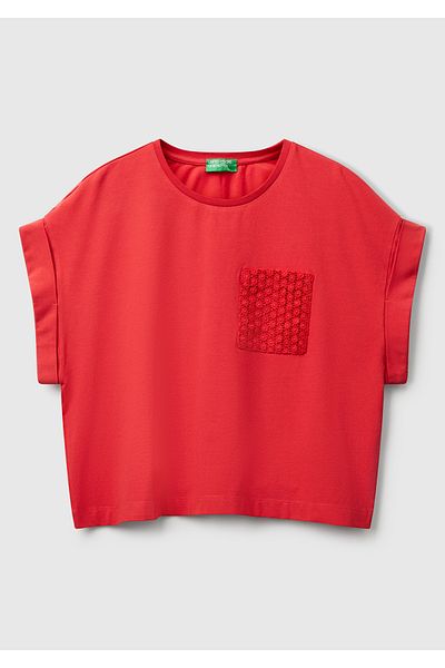 United Colors of Benetton Women's Coral Lace Detailed Short Sleeve Stretchy T-Shirt