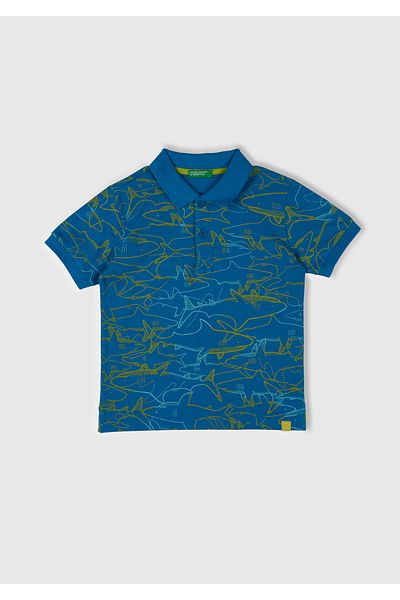 United Colors of Benetton Boy's Saks Blue Patterned Logo Label Polo T-Shirt