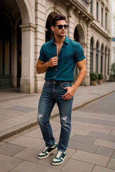 BANNY JEANS Мъжки сини дънки с разкъсани коляни