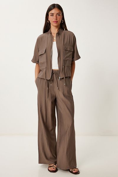 Lovelyİstanbul Crinkle Effect Jacket Pants Suit Mink Ldp0053
