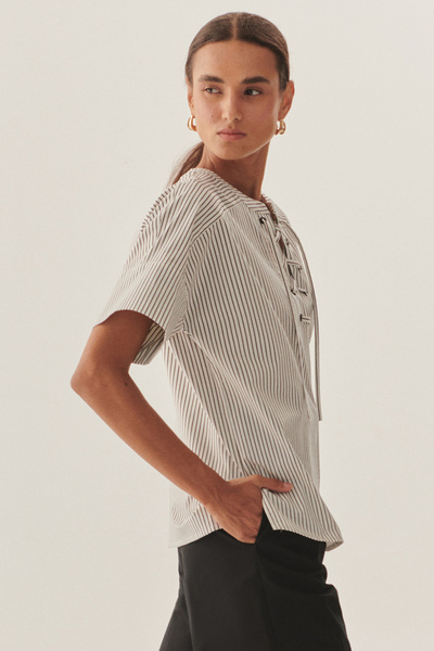 Exquise Kuşgözü Bağcık Detaylı Rahat Kesim Çizgili Bluz