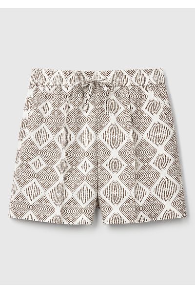 United Colors of Benetton Women's White Mix 100% Linen Patterned Shorts with Elastic Waist and Pockets