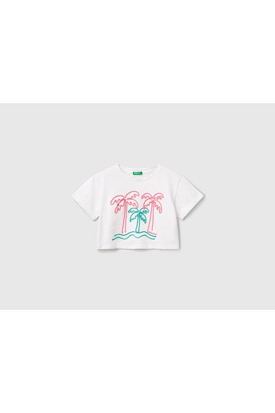 United Colors of Benetton Tricou Crop pentru fetiță, alb, brodat, cu decolteu