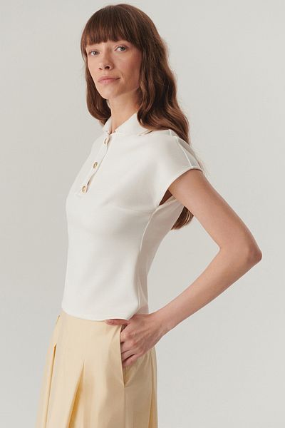 Exquise Ecru Button Detailed Polo Neck Regular Knitted T-Shirt