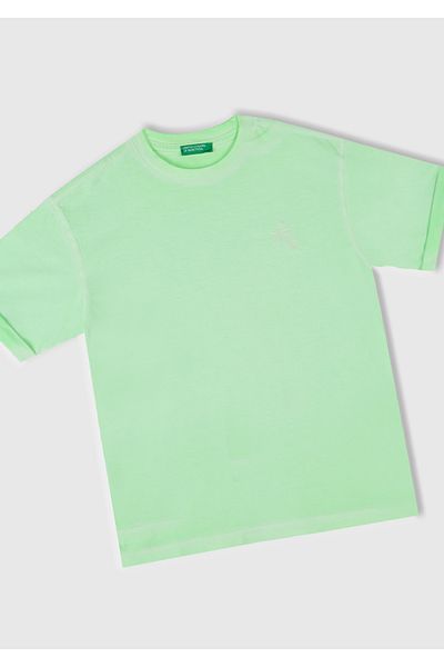 United Colors of Benetton Boy's Light Green Faded Effect Logo Embroidered Oversize T-Shirt