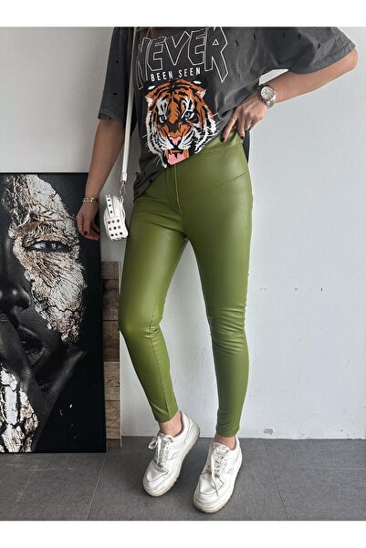 Zerrincan Giyim Yeşil Bel Detaylı Deri Tayt