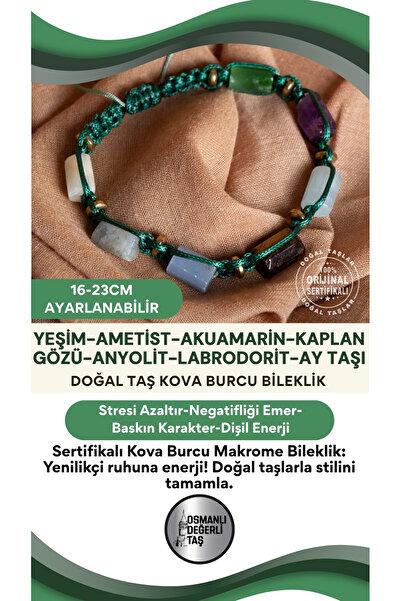 OSMANLI DEĞERLİ TAŞ SERTİFİKA Kova Burcu Doğal Taş Makrome Ayarlanabilir Bileklik