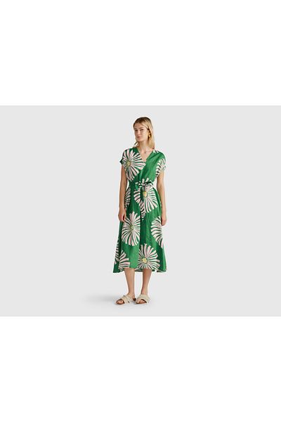 United Colors of Benetton Women's Green 100% Linen Patterned V-Neck Pocket Long Dress