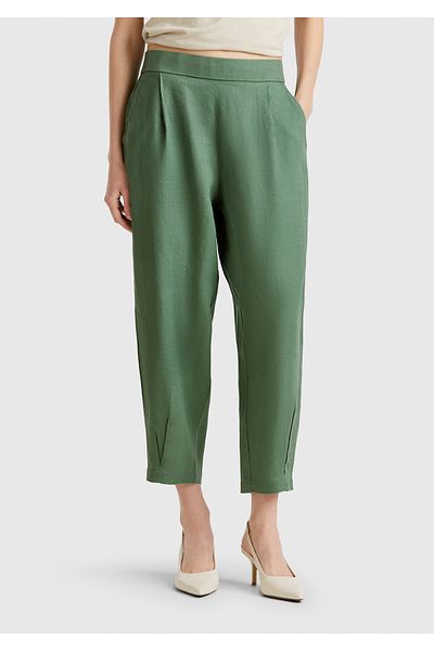 United Colors of Benetton Women's Light Green 100% Linen Elastic Back Waist Tight Leg Relax Fit Trousers