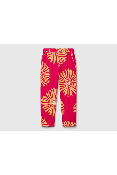 United Colors of Benetton Women's Fuchsia 100% Linen Patterned Elastic Waist Trousers
