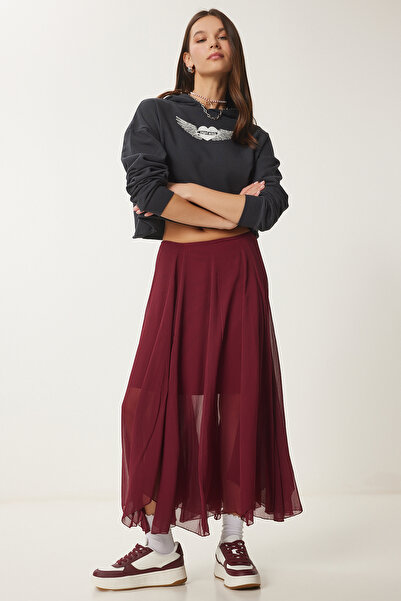 Lovelyİstanbul Crinkle Effect Woven Midi Skirt Burgundy Lns0019