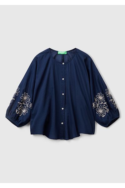 United Colors of Benetton Cămașă de damă, albastru bleumarin, 100% bumbac, cu mâneci confortabile, cu guler de judecător brodat cu flori