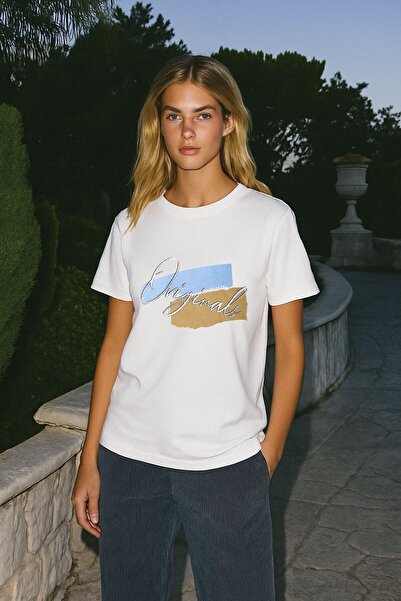 MARKAPIA WOMAN Women's 100% Cotton Crew Neck Printed Navy Blue T-Shirt