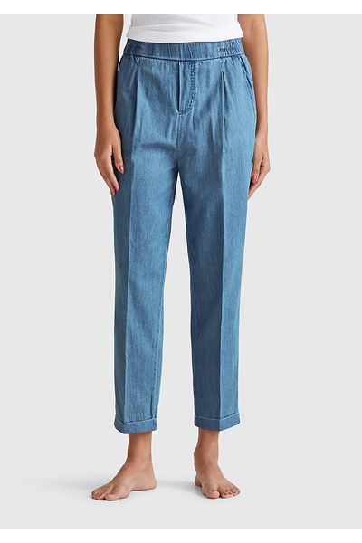 United Colors of Benetton Women's Light Blue 100% Cotton Elastic Waist Shamre Trousers