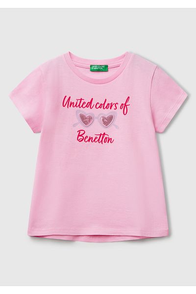 United Colors of Benetton Girl's Pink Glitter Benetton Logo Printed T-Shirt