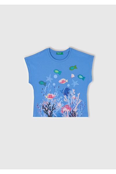 United Colors of Benetton Girl's Blue Crochet Detailed Kimono Sleeve T-Shirt
