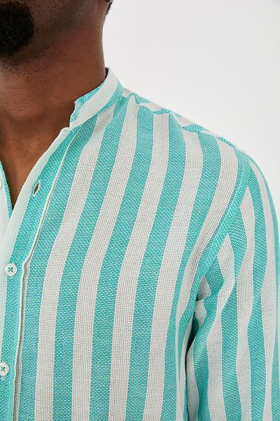 jack carisma Etamin Judge Collar - Τυρκουάζ και λευκό ριγέ βαμβακερό ανδρικό μακρυμάνικο πουκάμισο