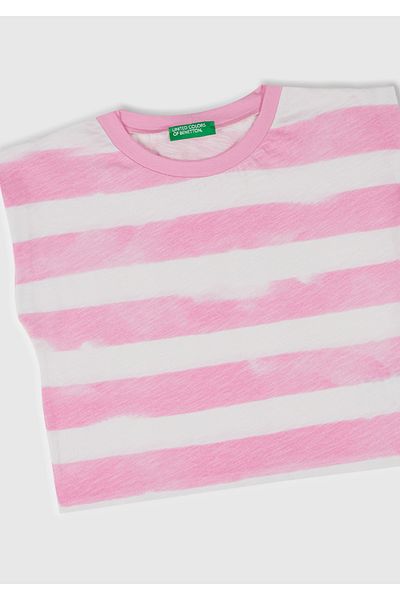 United Colors of Benetton Girl's Pink Striped Neck Ribbed Logo Label Detailed Sleeveless T-Shirt