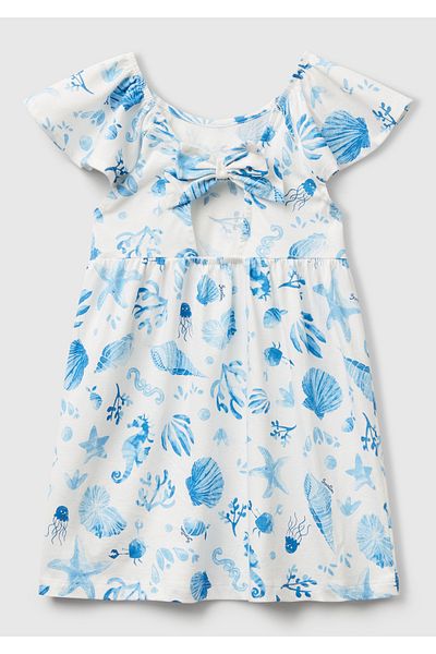 United Colors of Benetton Girl's Blue Patterned Dress with Bow Front Sleeves and Skirt Pleated