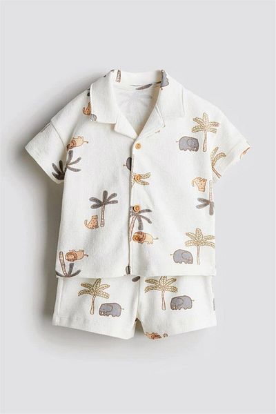 Motebarn Wear Boy's Animal Patterned Woven Shirt-Shorts Suit White