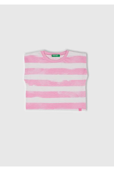 United Colors of Benetton Girl's Pink Striped Neck Ribbed Logo Label Detailed Sleeveless T-Shirt